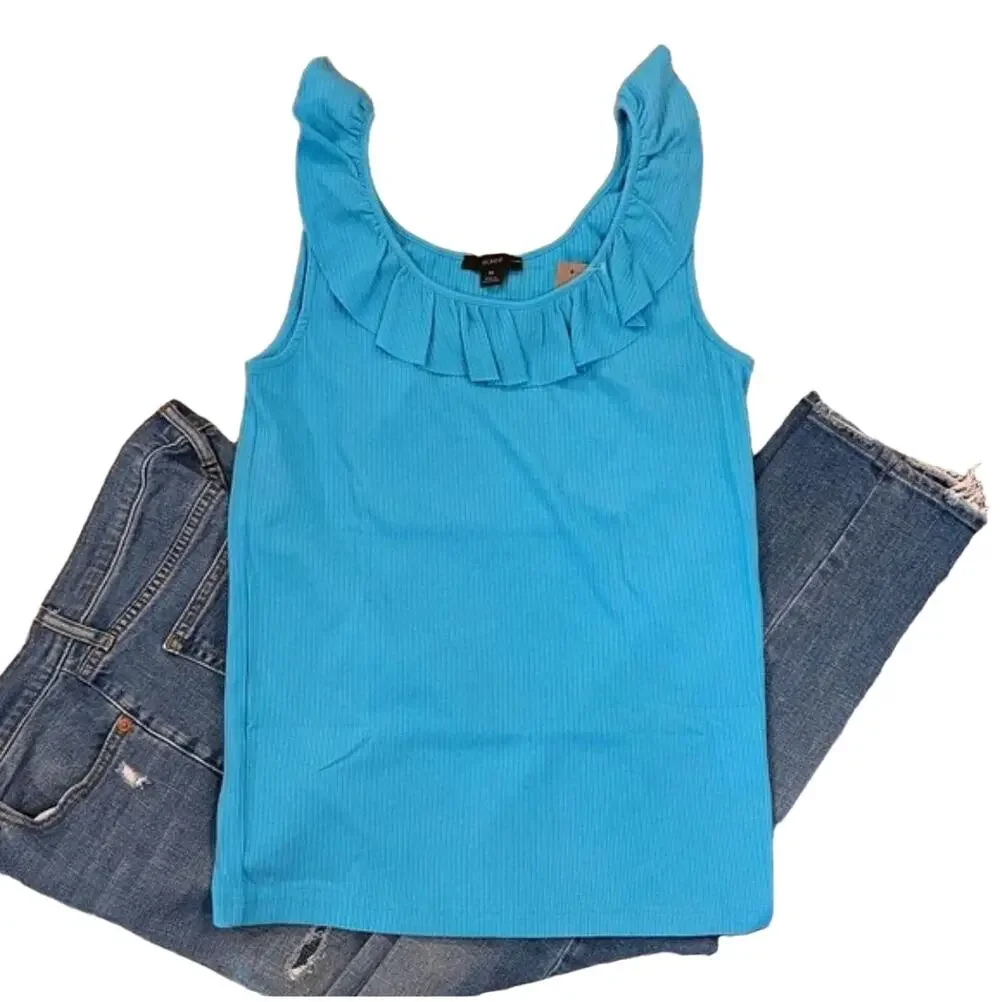 NWT J Crew Turquoise Ruffle-Neck Ribbed Tank Top